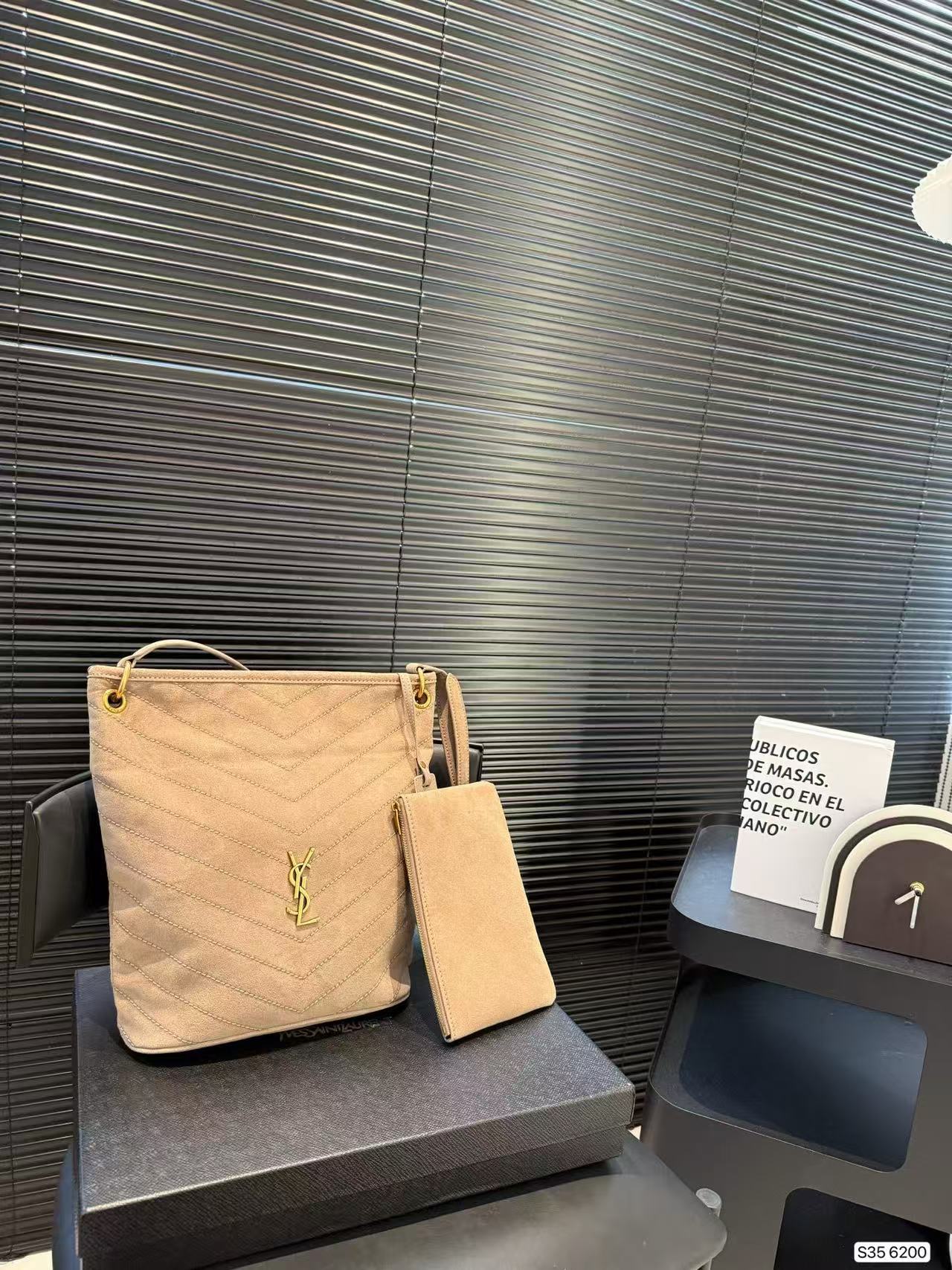 Saint Laurent Light Beige Chevron Bucket Bag