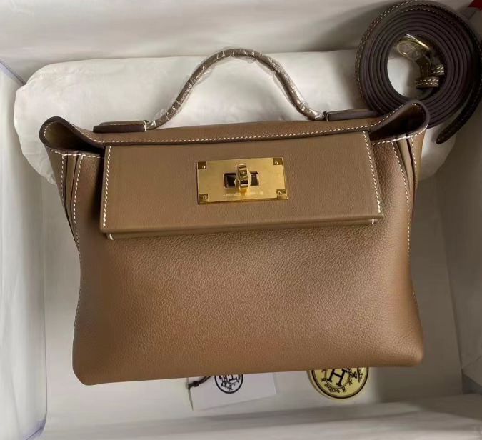 Camel Brown Grained Top-Handle Handbag