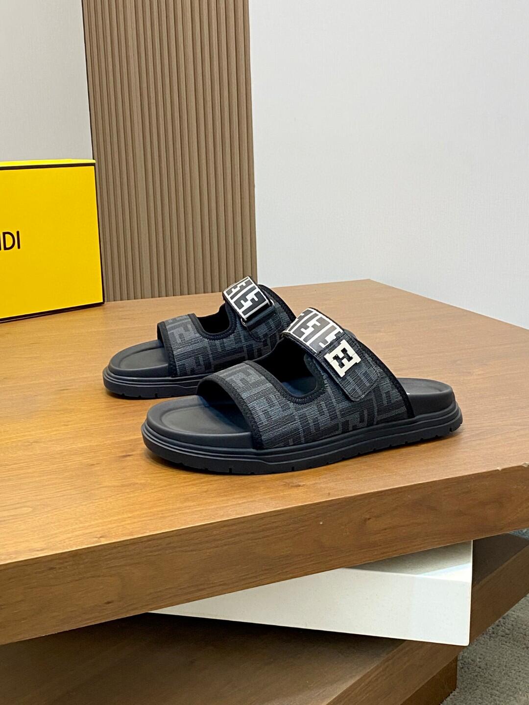 FENDI Black Monogram Two-Strap Slide Sandals