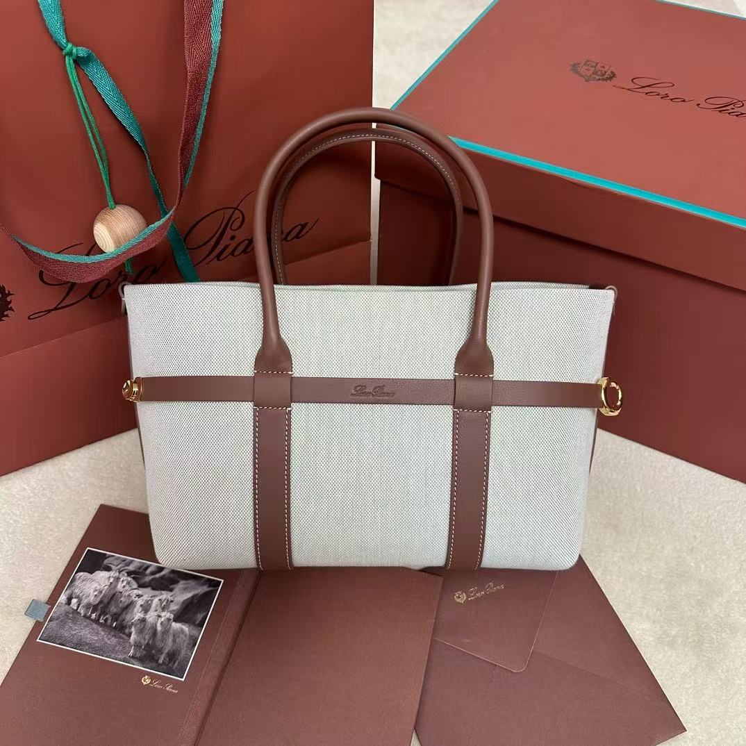 Loro Piana Ivory Canvas and Brown Trim Tote Bag