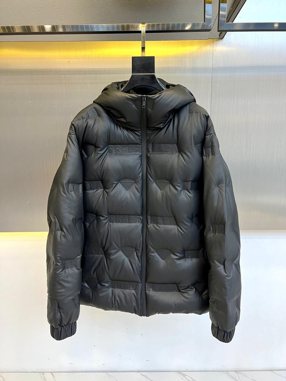 PRADA Black Logo-Pattern Hooded Down Jacket