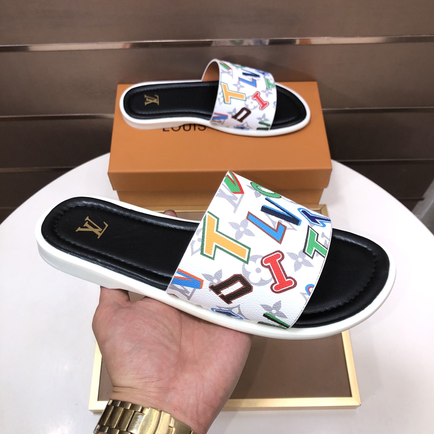 LV Multicolor Letter White Slide Sandals