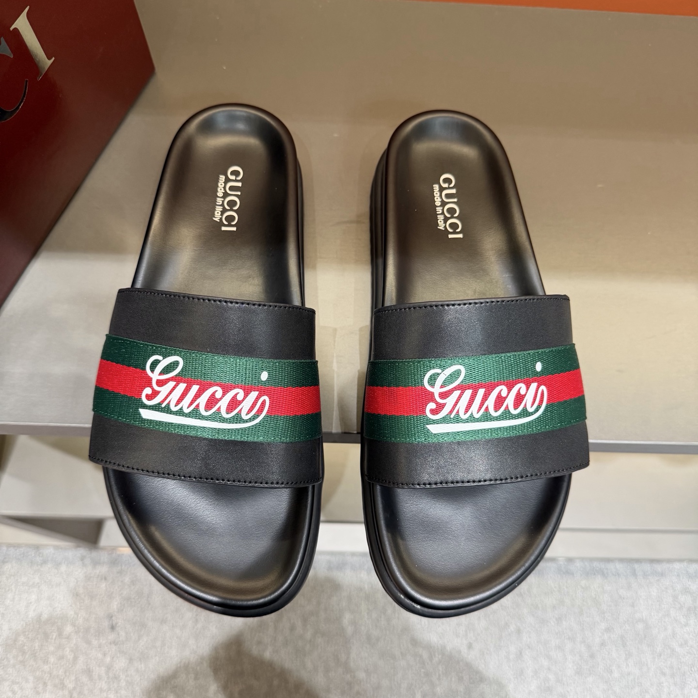 Gucci Black Web Stripe Logo Slide Sandals
