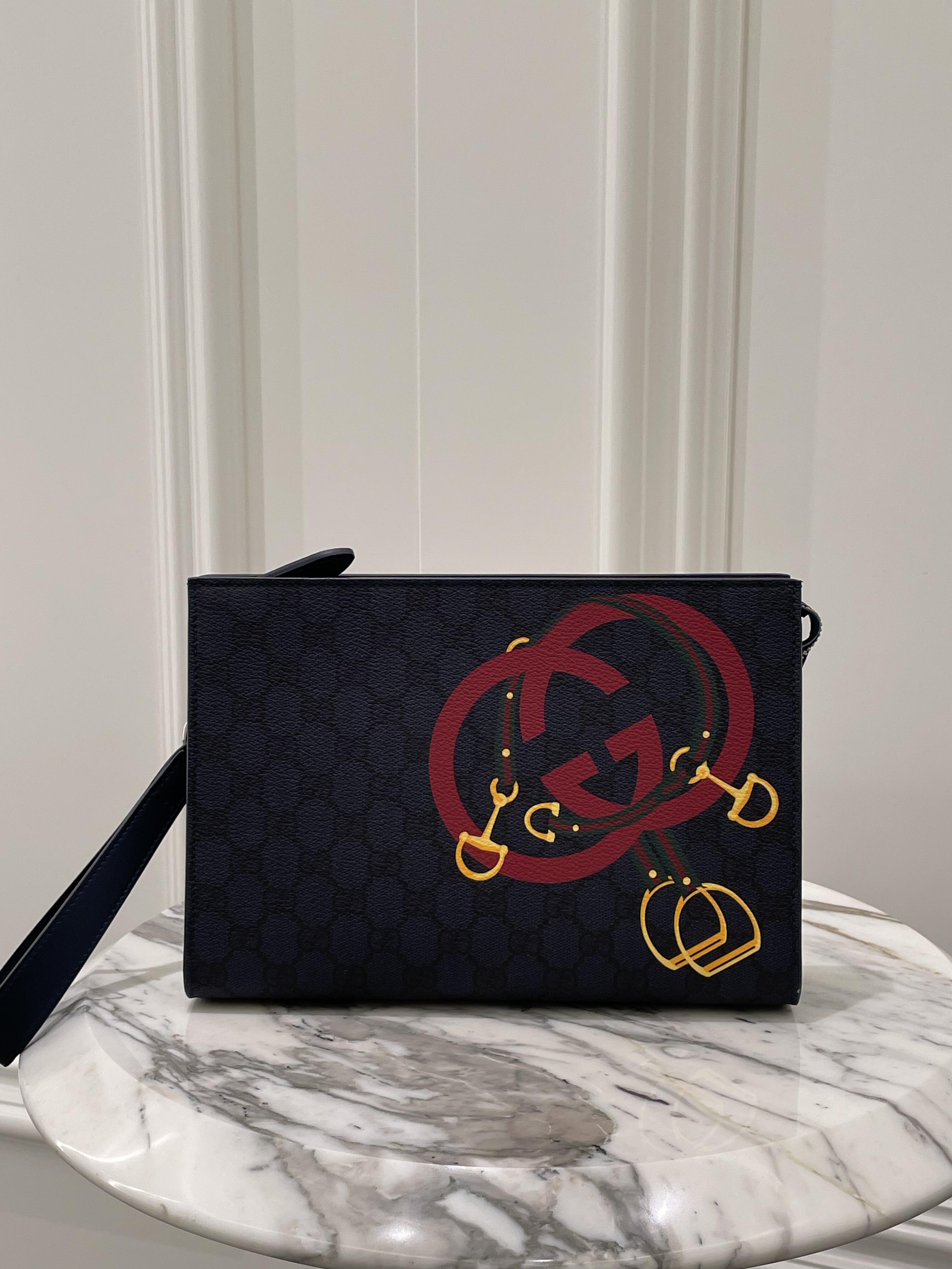 Gucci Black GG Horsebit Graphic Wristlet Clutch