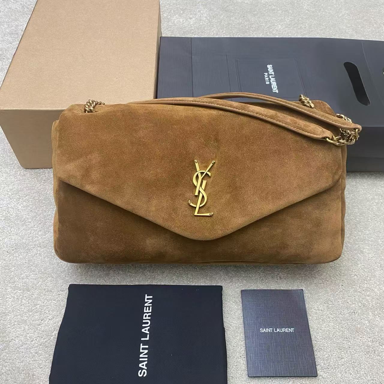 Saint Laurent-Style Envelope Shoulder Bag - Brown Suede