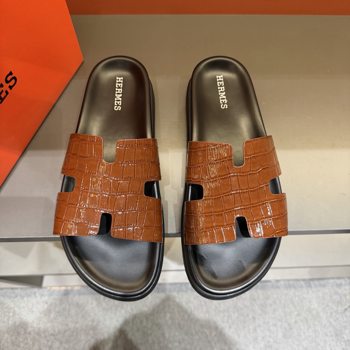 Hermès Brown Crocodile-Embossed H Slide Sandals
