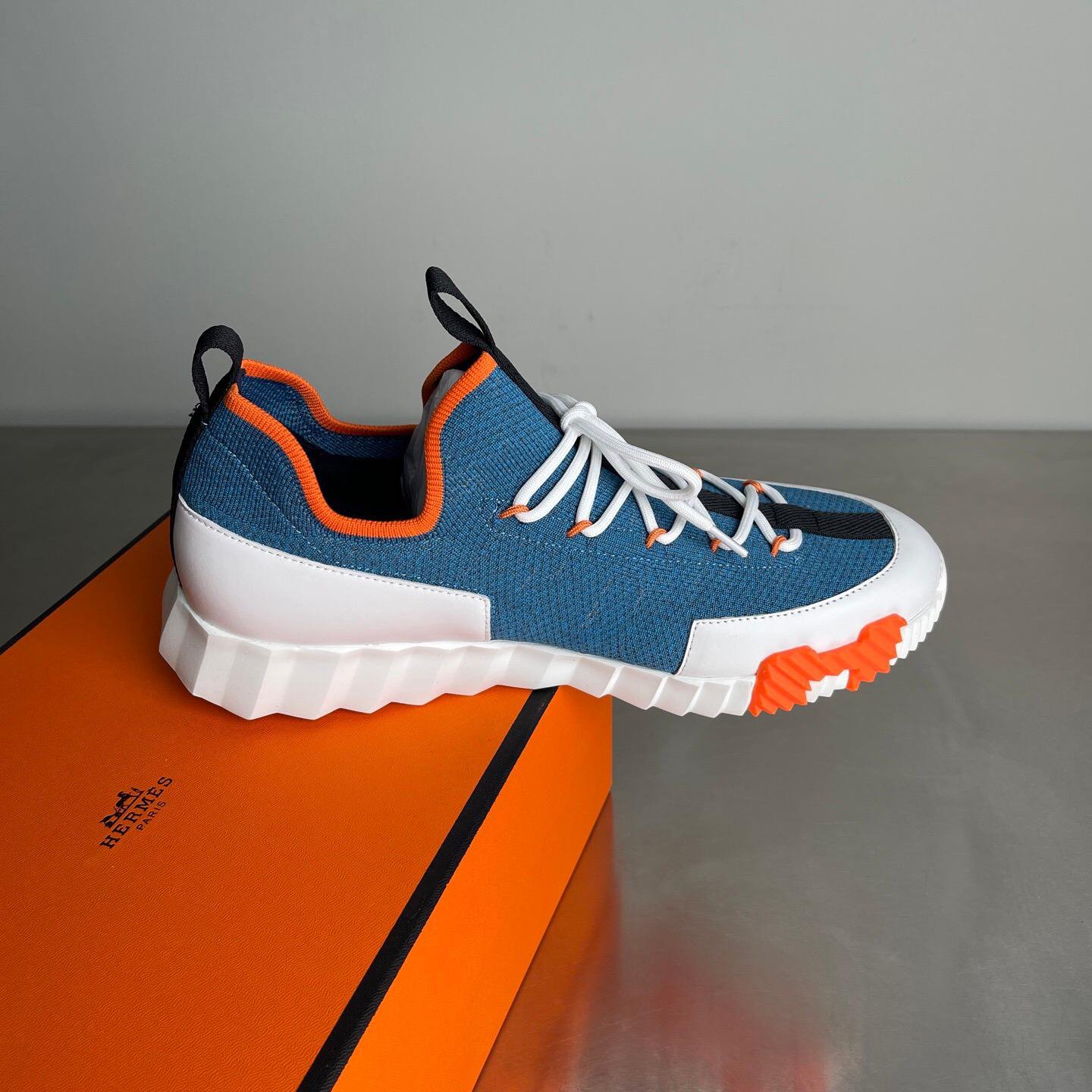 Blue Knit Sneakers with Orange Trim