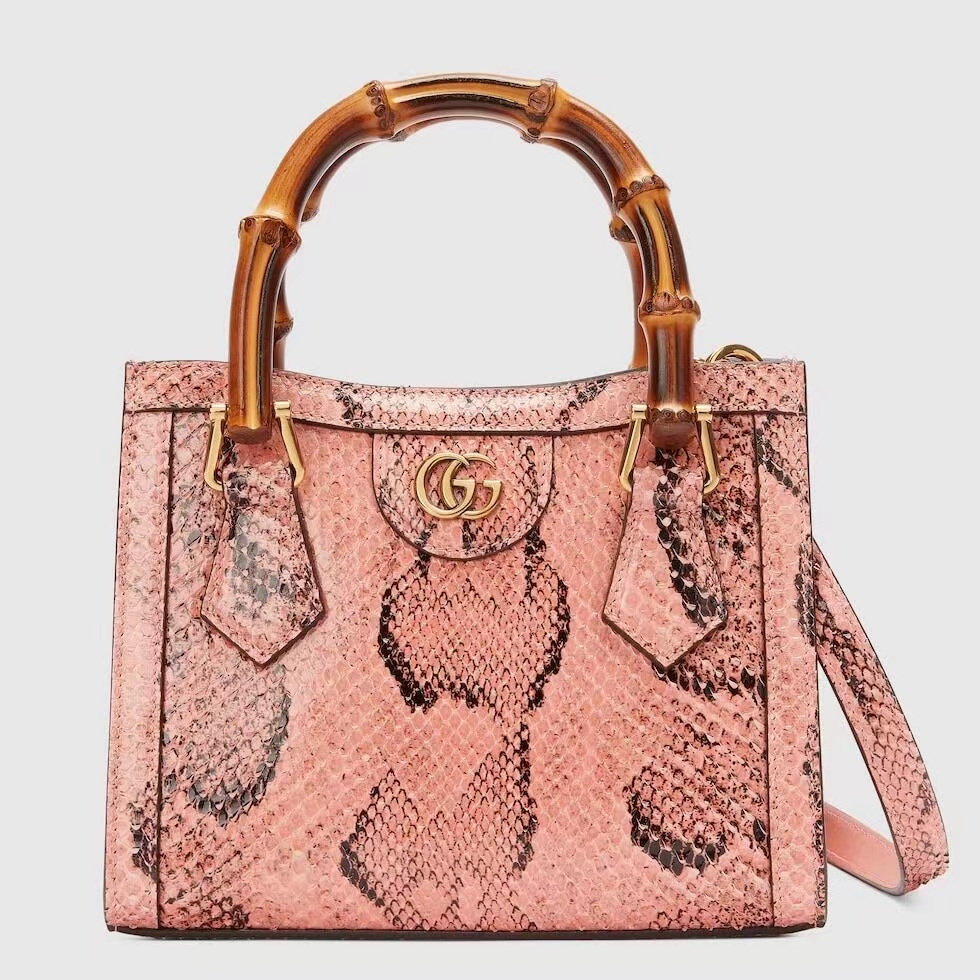 GG Pink Snakeskin-Print Bamboo Handle Bag