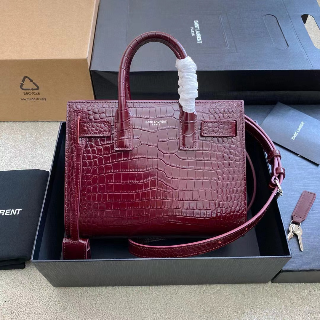 Saint Laurent Burgundy Crocodile-Embossed Tote Bag