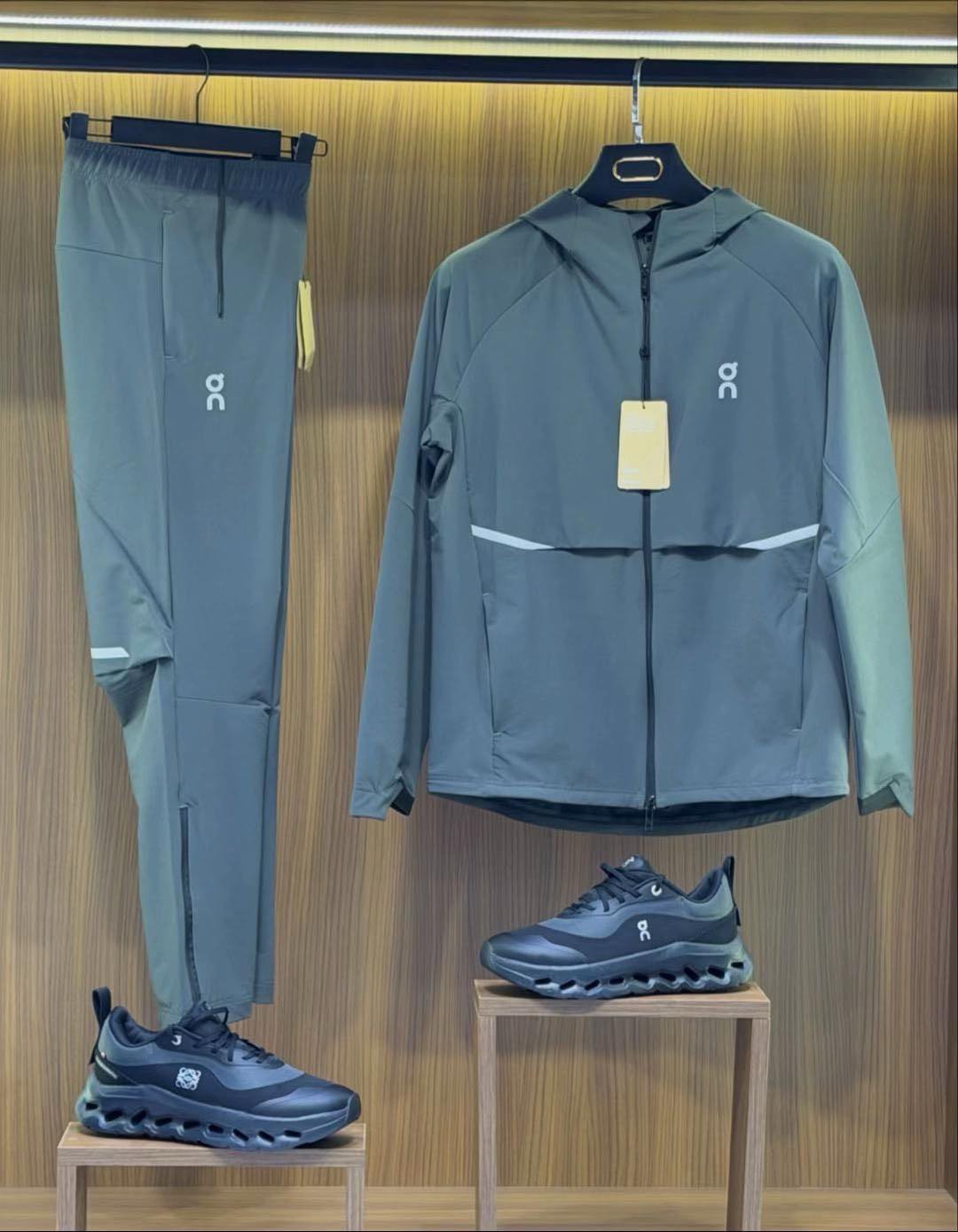 On Gray Hooded Tracksuit and Black Running Shoes Set
