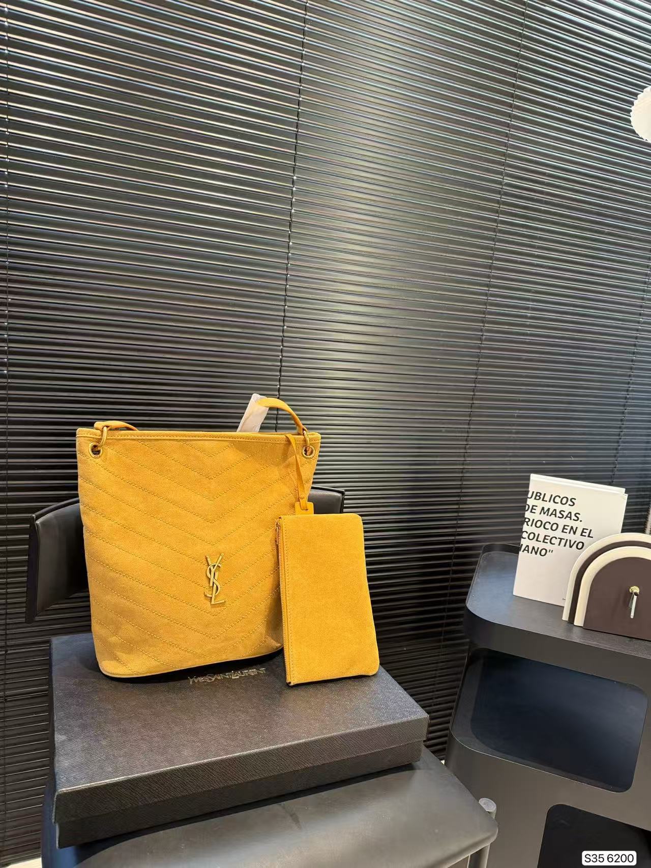 Saint Laurent Mustard Yellow Chevron Bucket Bag