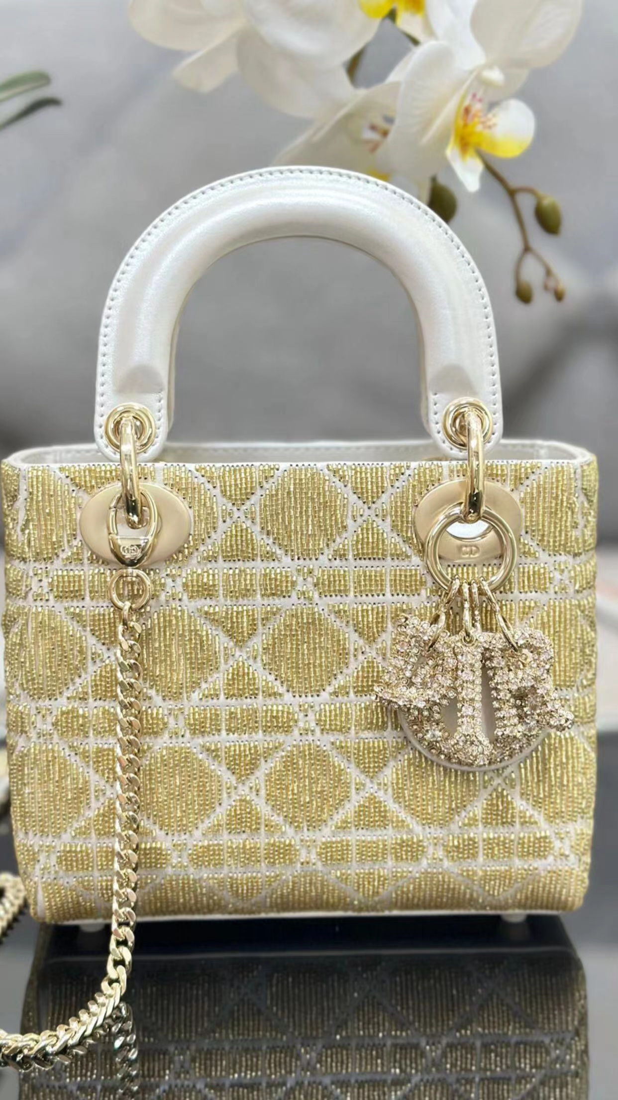 CD Gold Beaded Mini Top-Handle Bag